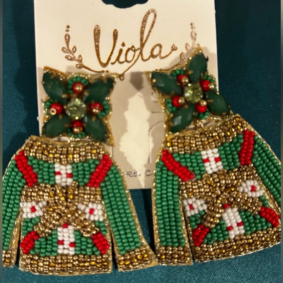 NWT Viola Festive Beaded Earrings. Beads/Poinsettia on top of Christmas Sweater - Picture 1 of 5